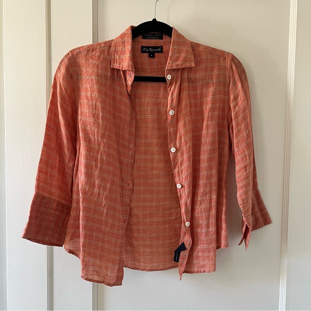 F. by Façonnable Orange Linen Button Down Shirt 3/4 Length Sleeves (S)